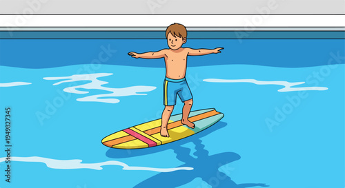 A young boy balances on a surfboard in a bright blue swimming pool