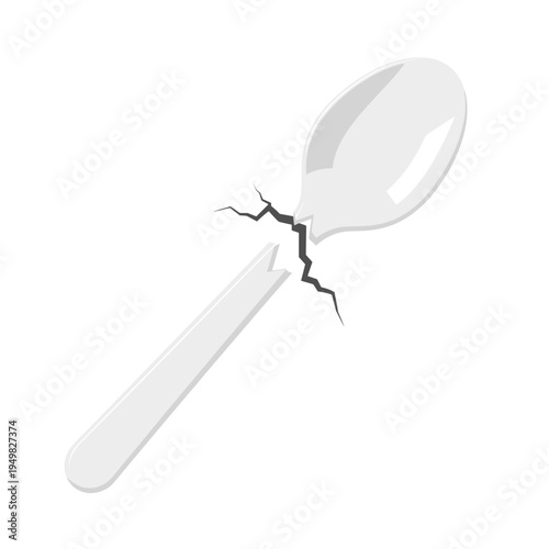 Snapped plastic spoon with a visible crack, isolated on a clean white background, showcasing a broken kitchen utensil concept