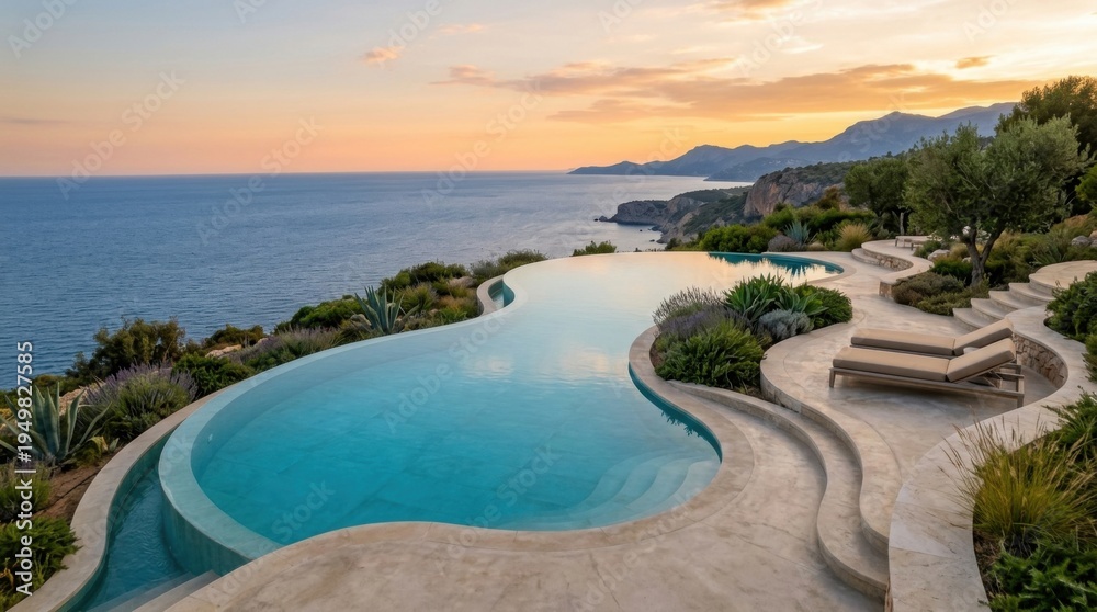 Fototapeta premium Luxury infinity pool overlooking the ocean at sunset, coastal paradise.