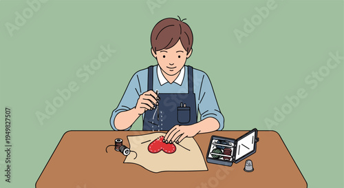Person sewing a red heart shape on a table with sewing supplies