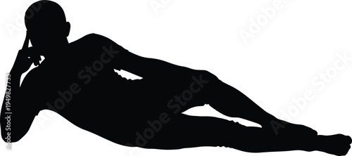 Black silhouette of a person reclining in a relaxed contemplative pose, side view, isolated on white background, minimalist digital illustration