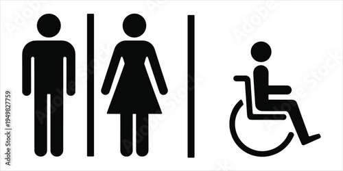 Black Icons for Men Women and Disabled Person on White Background restroom toilet