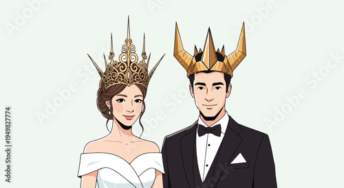 A couple dressed in formal attire, adorned with golden crowns, pose against a plain background