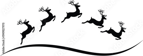 Running deer silhouette collection showing jumping stags in motion, minimalist wildlife illustration ideal for nature branding, winter designs, logos, posters, and modern vector graphics