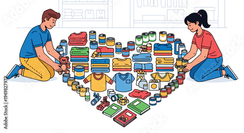 People sorting donated items into a heart shape, symbolizing charity and giving