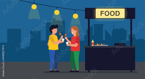 Two people enjoy skewers and drinks from a night-time food stall