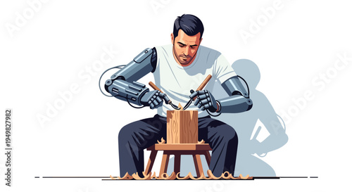 Man with robotic arms carves wood on a stool with wood shavings around