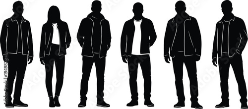 Silhouette group of diverse people standing, flat vector illustration, isolated on white background, modern urban fashion concept art casual outfit