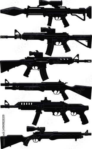 Set of Six Detailed Black Weapon Silhouettes Including Assault Rifles Shotgun Sniper Rifle and Submachine Gun for Tactical Combat Illustration Isolated on White