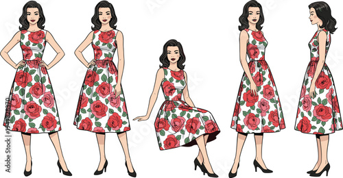 Fashion illustration showcasing floral sleeveless dress with roses, fitted bodice, flared skirt, multiple poses, vintage chic presentation