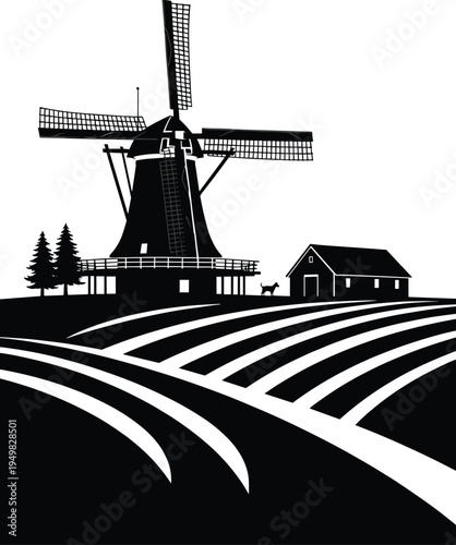 Traditional black windmill silhouette on rural farmland with barn house and pine trees under a clear sky for agriculture and countryside landscape design.