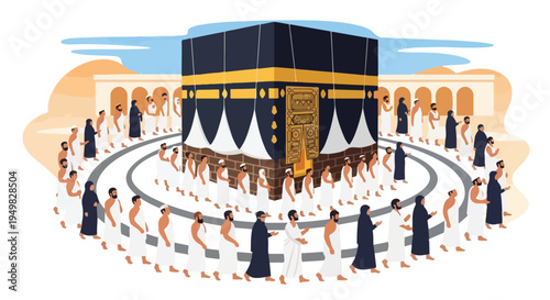 Pilgrims circumambulate the Kaaba, a sacred cubic structure, in Mecca