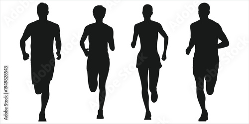Four black silhouettes of runners in motion on a white background running athletes