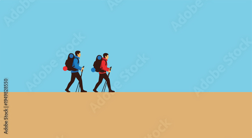 Two hikers with backpacks and poles walk across a tan landscape