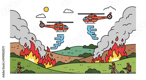 Helicopters deploy water on a wildfire, with firefighters on the ground