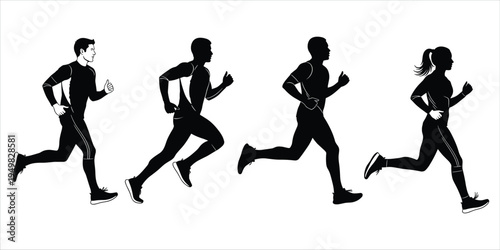 Four Silhouettes of Men and Women Running in Different Poses on White Background Keywords: running, runner, athlete, sport