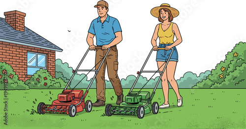 Outdoor scene of two people mowing lawn together with red and green mowers, bright yard, house background, summer day