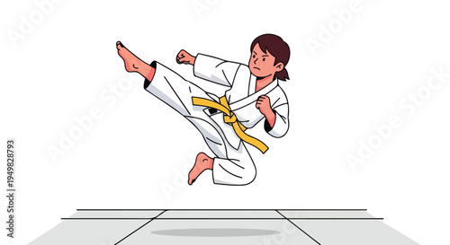 Young person in a white martial arts uniform with a yellow belt performs a mid-air kick