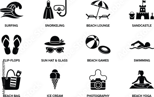 Silhouette icons of beach activities and essentials including surfing, snorkeling, lounging, swimming, yoga, games, accessories