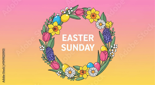 Colorful easter sunday floral wreath with flowers on pink yellow and orange gradient background for spring holiday decoration