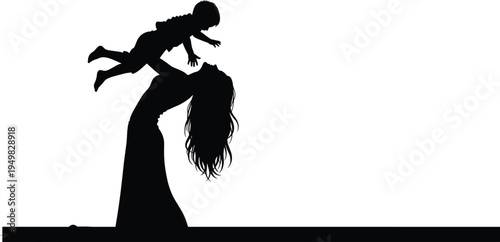 Black silhouette of mother lifting son high in the air, playful parent and child bonding, joyful interaction, isolated on white background