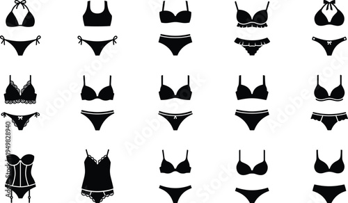 Silhouette icons of women’s lingerie sets including bras, panties, corsets, camisoles, grid arrangement, fashion design reference