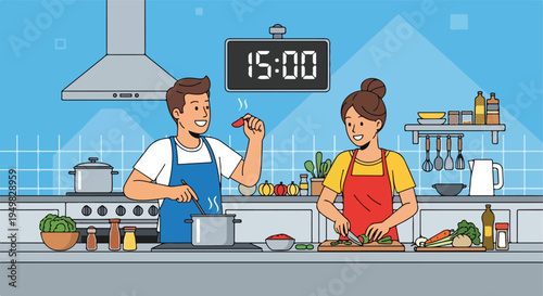 Two people cooking together in a kitchen with a digital clock showing 1500