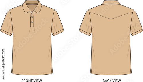 Technical fashion illustration of beige short-sleeve polo shirt with collar, placket, buttons, cuffs, yoke detail, side slits
