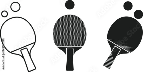 Table tennis paddle and ball silhouette set, ping pong equipment flat vector illustration isolated on white background