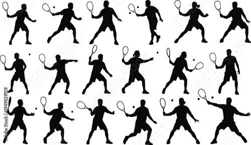 Tennis player silhouettes collection set, athlete serving and hitting poses flat vector illustration isolated on white background