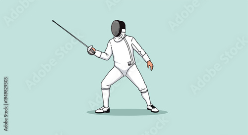 A fencer in white attire holds a foil sword, poised on a light blue background