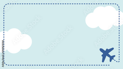 飛行機が飛んでる青空のフレーム。テキストエリア。コピースペース。（Frame of blue sky with airplane flying. Text area. Copy space.）
