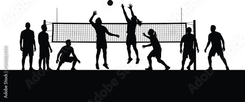 Volleyball team silhouettes playing match at net, jumping spike and block action black flat vector illustration isolated