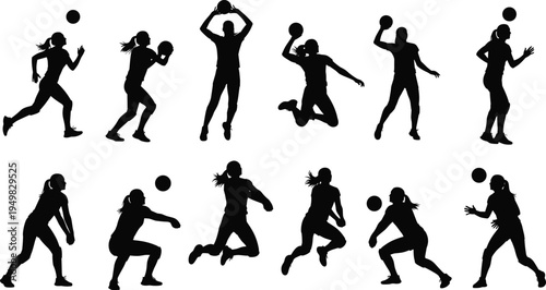 Volleyball players silhouette set, dynamic women sport action poses bundle, cad drawing flat vector illustration isolated on white background