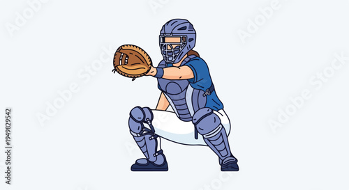 Cartoon catcher in protective gear crouches with mitt ready for play