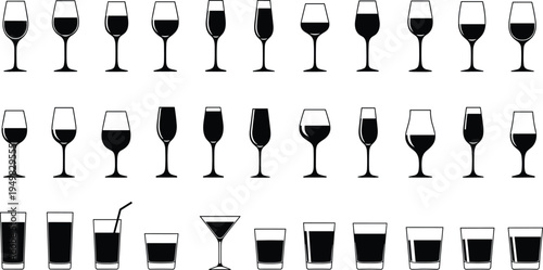 Wine and cocktail glasses silhouettes set, assorted drinkware collection, isolated black vector illustration for bar, restaurant and beverage design