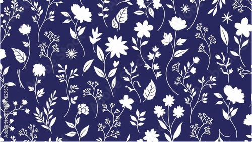 A beautiful floral pattern featuring various flowers and leaves on a dark blue background with white illustrations.