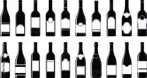 Wine bottle silhouette collection set, various glass alcohol container shapes, cad drawing flat vector illustration isolated on white background