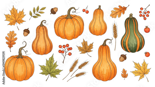Autumn scene with pumpkins and leaves on a white background with seasonal fruits