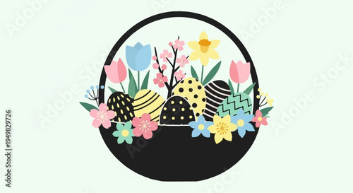 Colorful easter eggs and flowers in a black basket on a light green background for spring