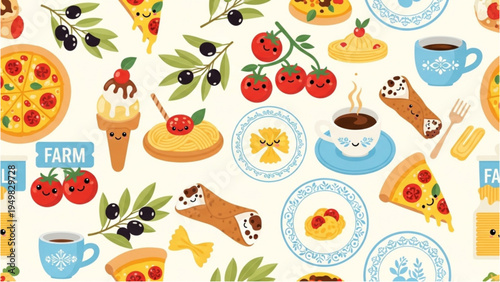 A vibrant pattern of various food items and drinks on a table