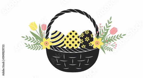 Easter basket with colorful eggs and flowers on white background spring decoration