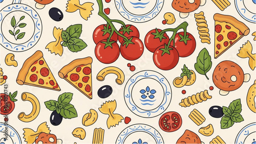 A variety of Italian food items are scattered on plates and around the table indoors.