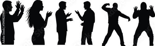 Minimalist black and white silhouette illustration of five diverse people in expressive poses, symbolizing human social interaction and community communication,