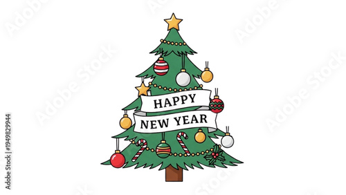 A festive Christmas tree decorated with ornaments and lights displays a Happy New Year banner.