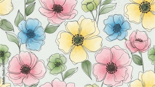 Vibrant colorful flowers bloom in a lush garden setting with green leaves and stems.