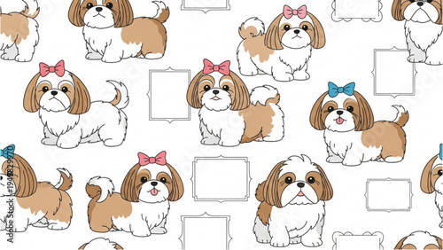 Colorful illustration of dogs with bows on heads in various playful poses