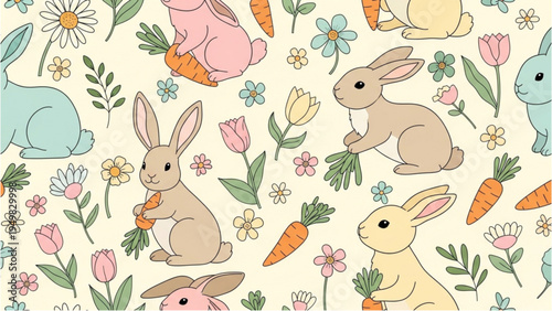 Colorful rabbits and flowers with carrots in a garden scene illustration