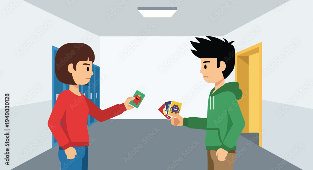 Fototapeta premium Two young people in a hallway are exchanging illustrated monster cards