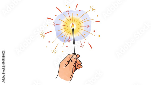 A hand holding a sparkler on a night with colorful fireworks exploding